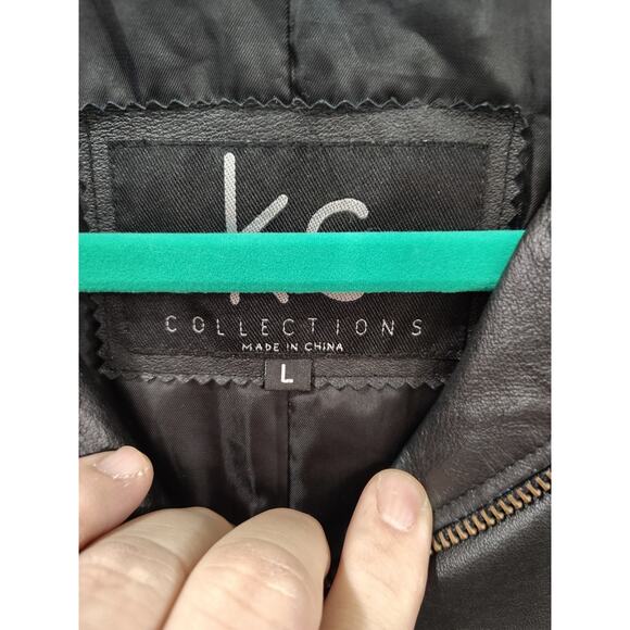 Women's KC Collections Black Leather Coat Jacket Size L Mob Wife Night Out Warm - Picture 4 of 7